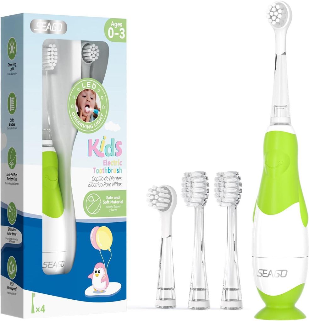 Elektrische Zahnbürste Kinder ab 0-3 Jahr mit LED Licht, Weichen BPA-freiem Runder Gummierte Bürstenkopf, 2 Minuten , IPX7, für Empfindliche Bab...