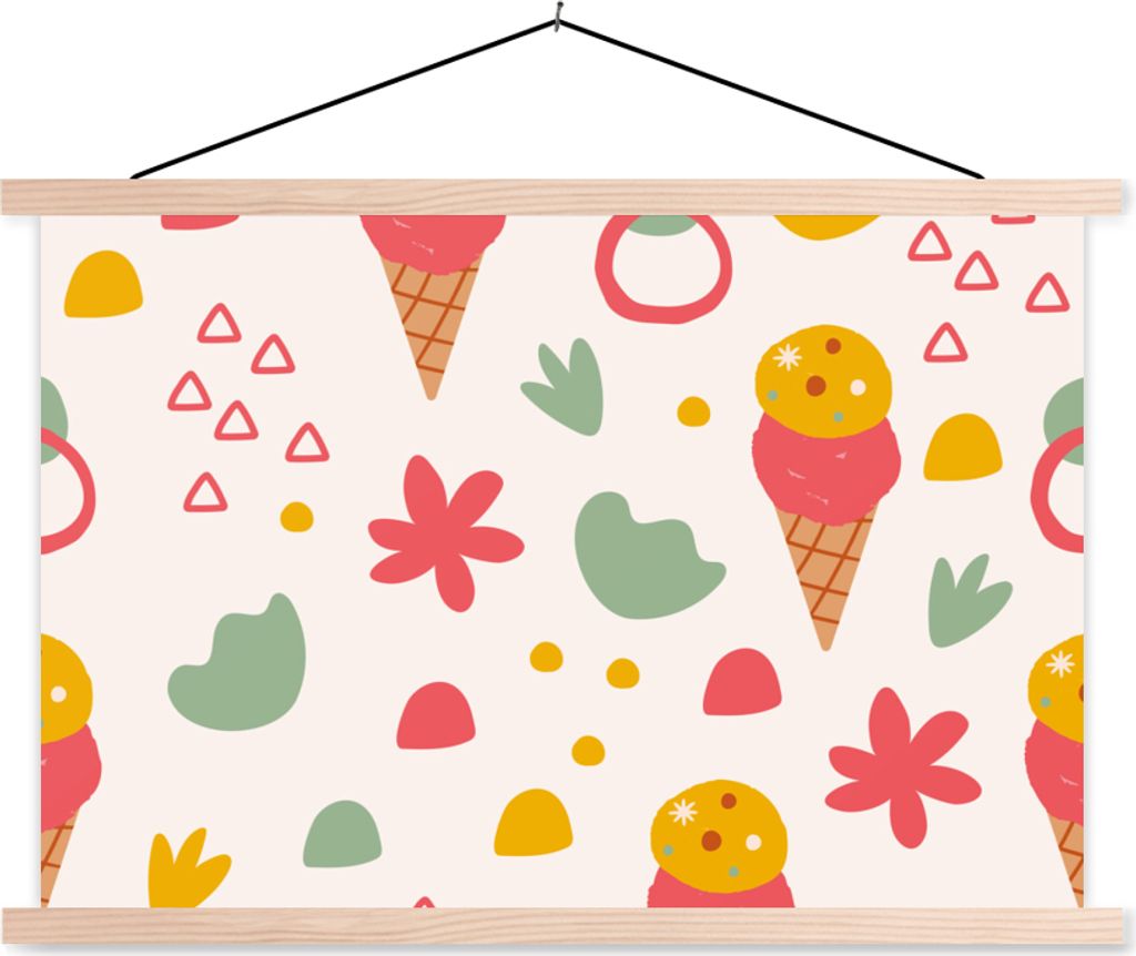 MuchoWow Textilposter Eiscreme - Dreieck - Blumen - Muster 60x40 cm mit holzfarbenen Rahmen - Bilder