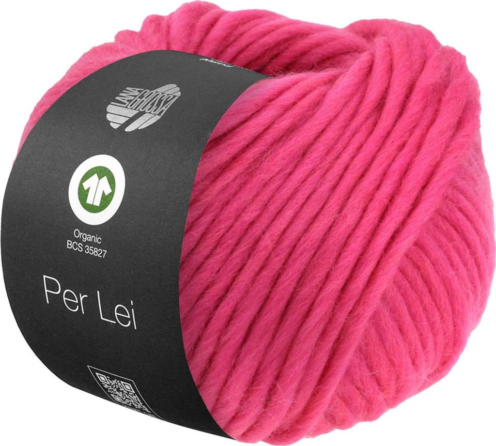 A ball of pink yarn with a label.