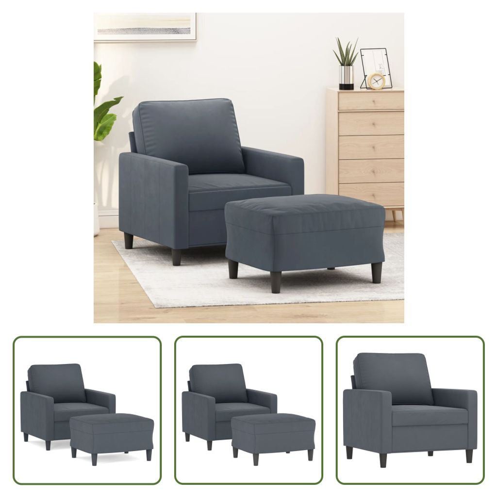 The Living Store Sessel mit Hocker Dunkelgrau 60 cm Samt