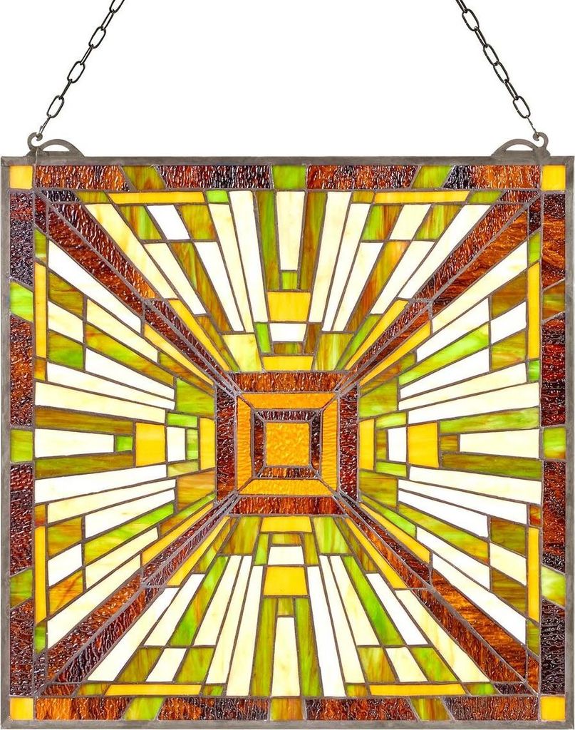 Buntglasfenster, 501 x 527 mm, Tiffany-Stil, hängendes Oberlichtfenster mit Kette, großes vertikales Rechteck-Buntglas, traditionelles Vintage-Ku...