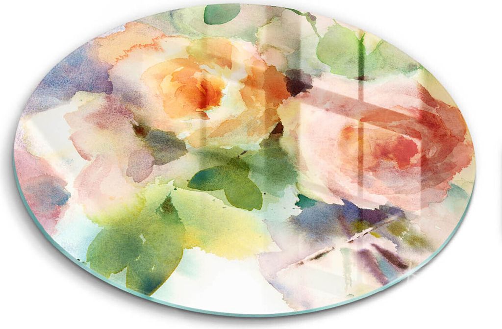 Glasschneideplatte - Herdabdeckplatte - fi30 cm -Schneidebrett - Spritzschutz - Bemalten Blumen