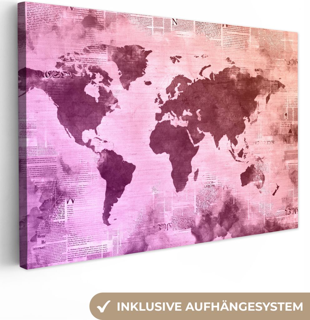 OneMillionCanvasses - Leinwandbilder - 150x100 cm, Weltkarte - Lila - Zeitung, Wandbilder Kunstdruck Wanddekoration