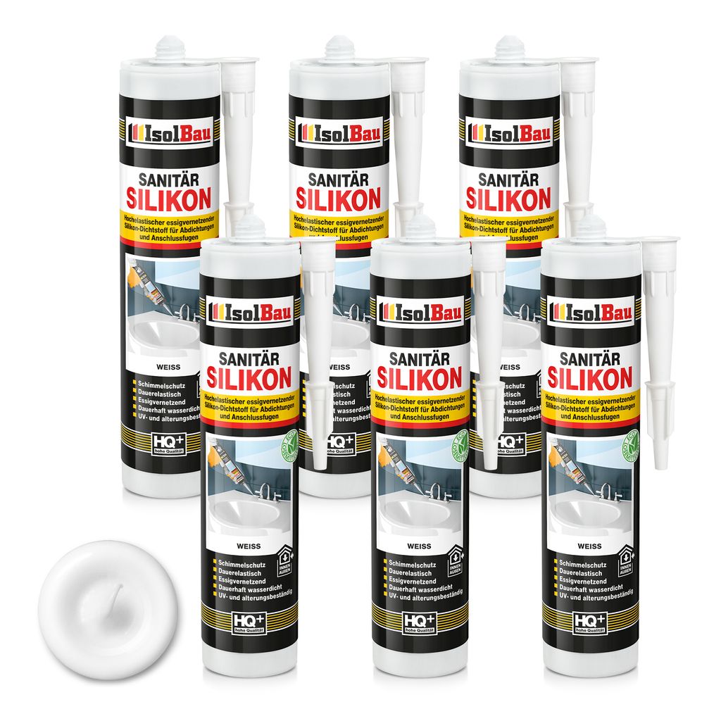 Isolbau Sanitär Silikon 6 x 300 ml Weiß - Hochelastischer Silikon-Dichtstoff für Abdichtungen & Fugen – Schimmelresistent, wasserdicht - Kartu...