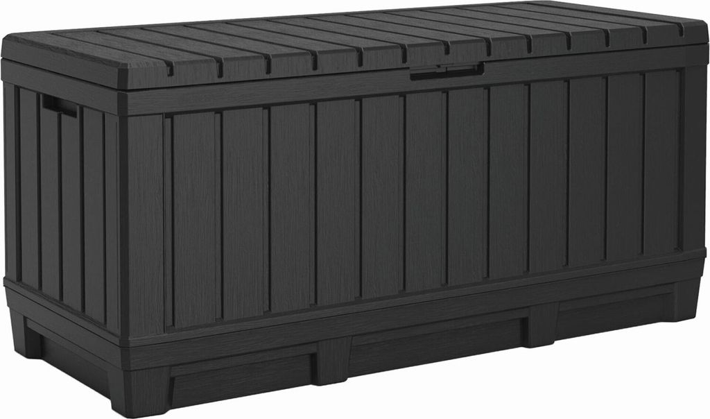 A black outdoor storage chest is shown against a white background.