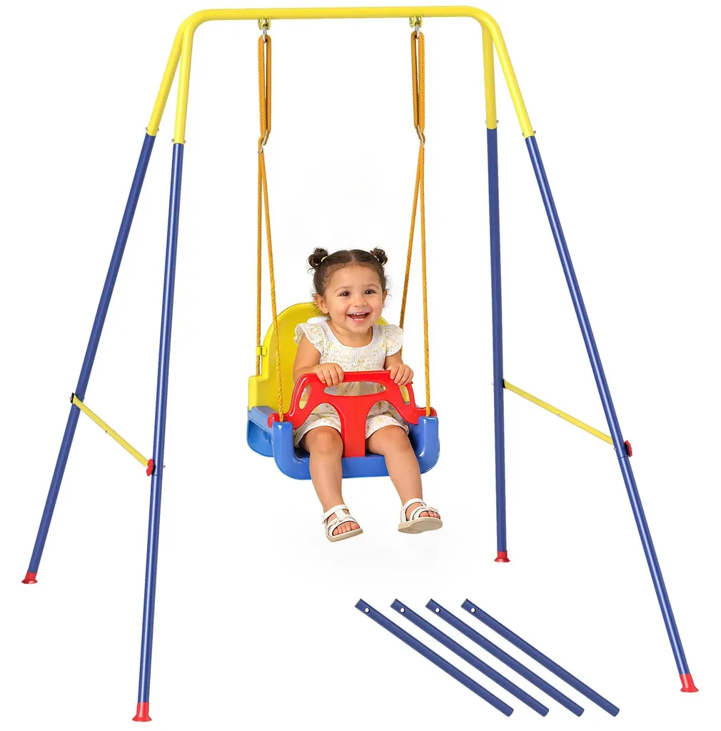 Balançoire bébé sécurisée avec harnais et cadre acier pliable bleu 3 en 1