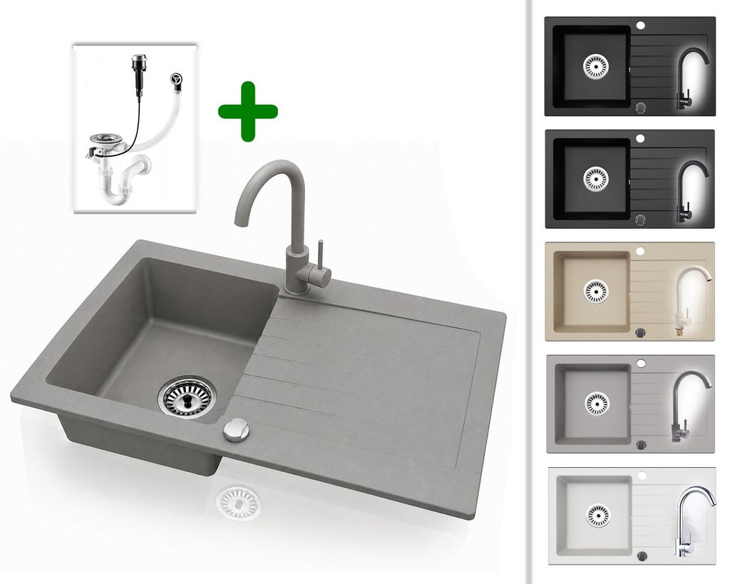 Granitspüle 76x44 cm mit Armatur Grau – Küchenspüle aus Produktbild 