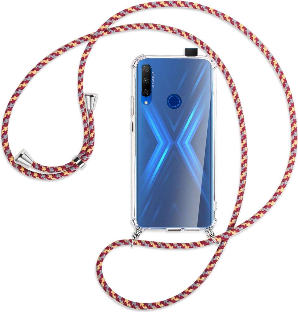 Handykette Backcover-Schutzhülle mit Band (Metall silberfarben) für Honor 9X / 9X Premium - weinrot/gelb/grau