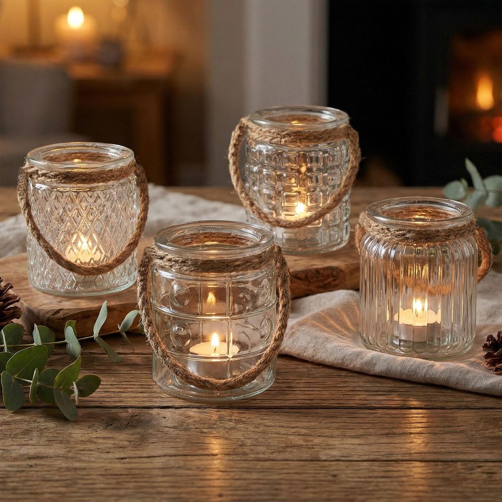 4er Set Windlicht Klar Glas H10cm Teelichthalter Tischdeko Produktbild 