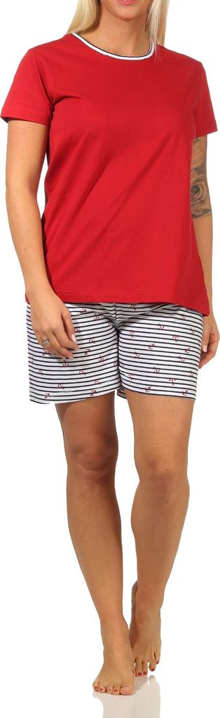 Maritimer Damen Shorty kurzarm Schlafanzug Pyjama, Hose gestreift - 112 205 10 717 ; rot , 40