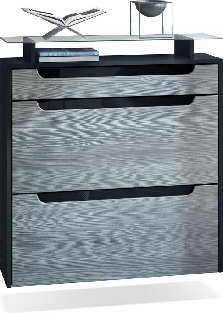 Vladon Schuhschrank Annie, Schuhkipper für 16 Paar Schuhe mit 2 Klappen, 1 Schublade und Glasablage, Schwarz matt/Avola-Anthrazit/Schwarz Hochglan...