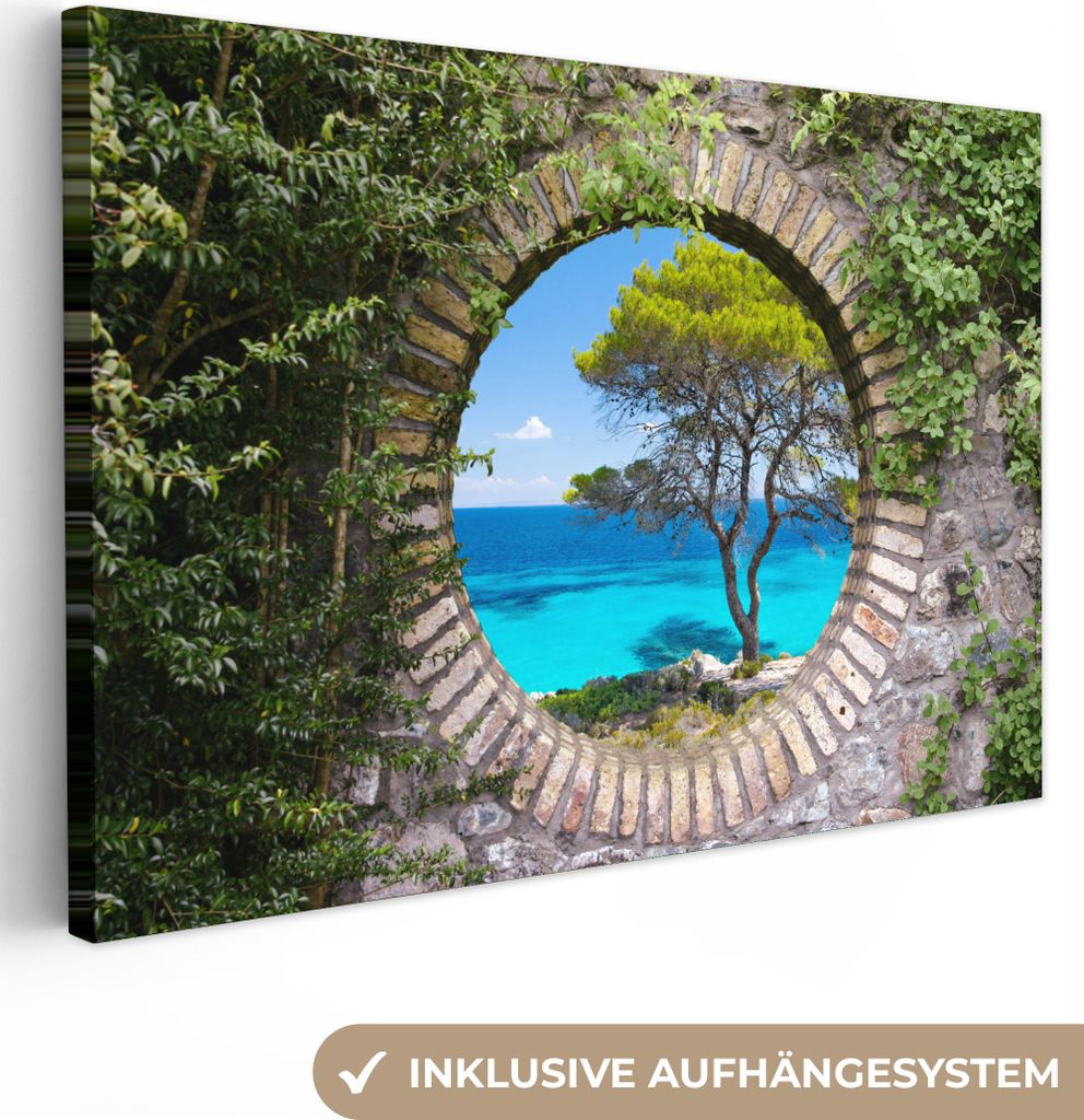 MuchoWow - Leinwandbilder - Meer - Baum - Tropisch - Ausblick, Wandbild, Wanddeko Bilder Wohnzimmer, 120x80 cm