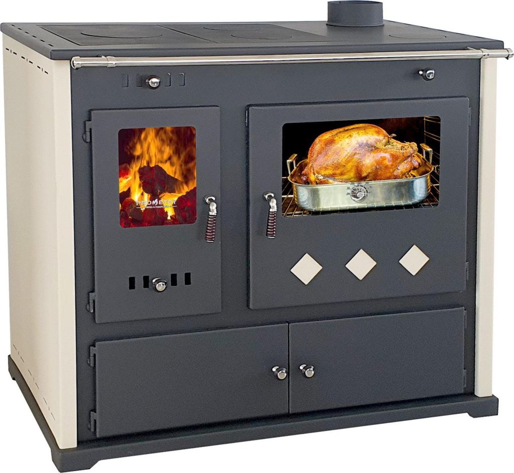 A kitchen stove with a turkey roasting in the oven and a fire burning in a separate compartment.
