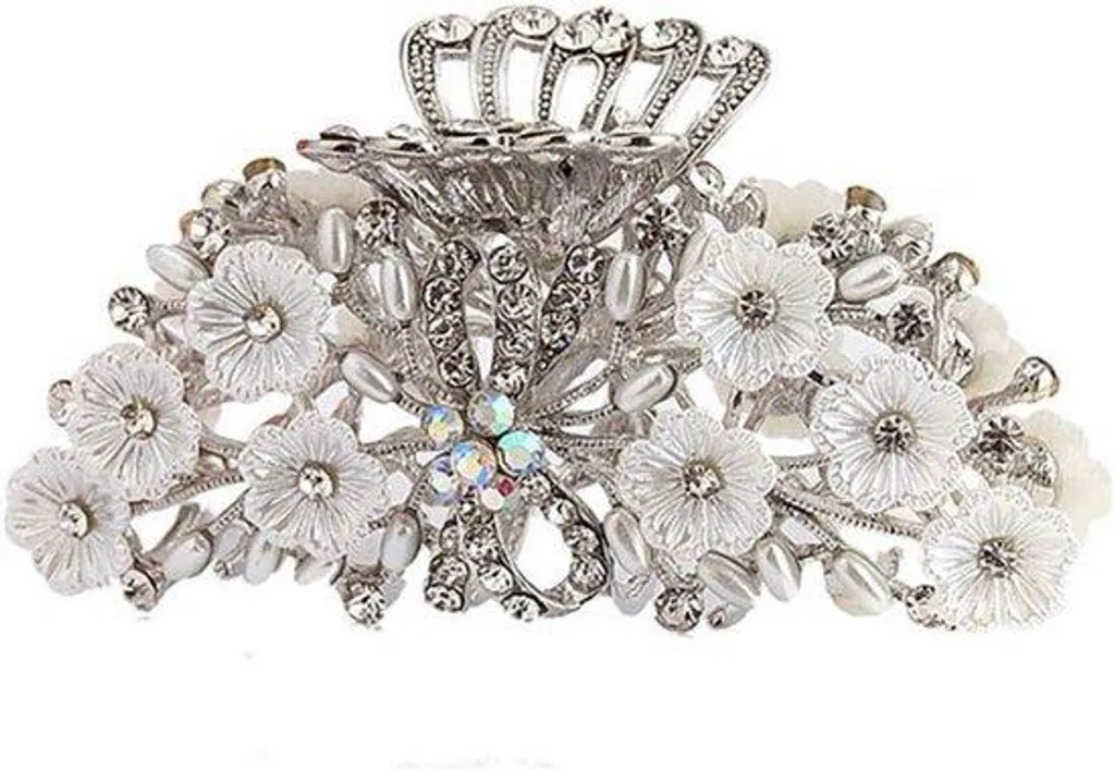 Barrette argentée perles blanches et strass brillants modèle luxe