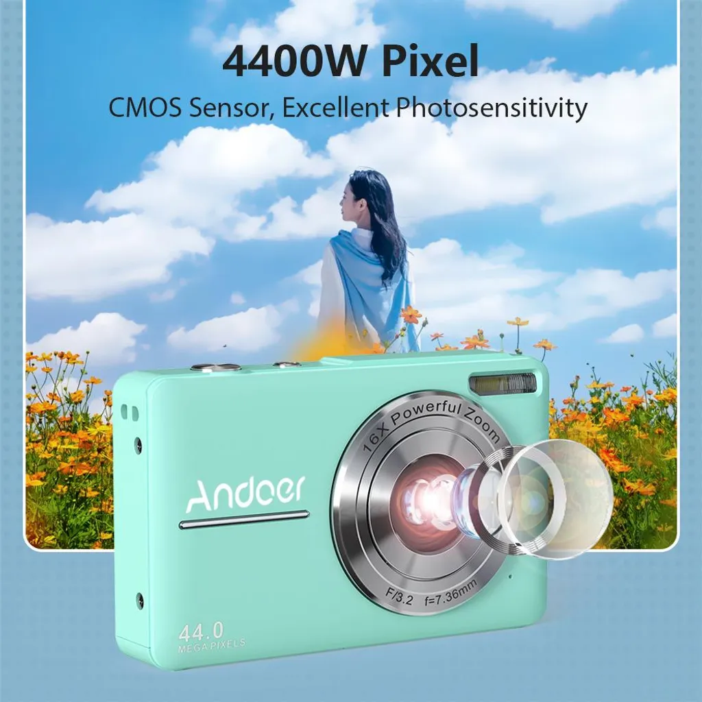 Andoer fotocamera digitale portatile 1080P, videocamera, 44 MP, autofocus, schermo IPS da 2,5 pollici, zoom 16x, anti-shake, rilevamento del volto, registrazione del sorriso con scheda di memoria da 32 GB, 2 batterie, regalo di Natale per bambini e ragazzi