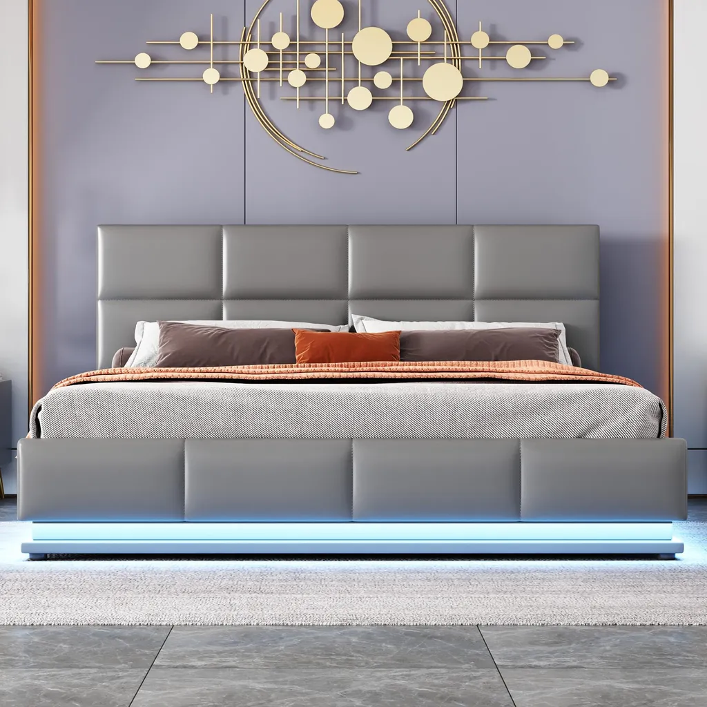 Lit double 160x200 avec rangement hydraulique et LED intégrées - Gris