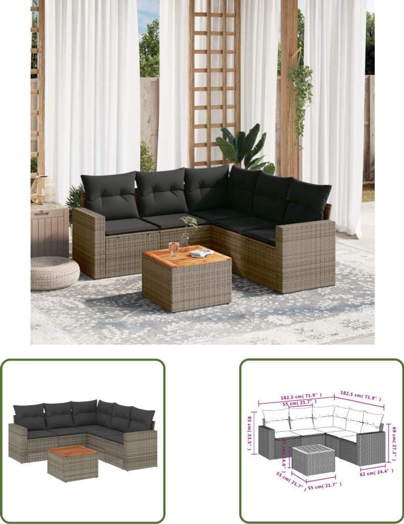 The Living Store 6-tlg. Garten-Sofagarnitur mit Kissen Grau Poly Rattan