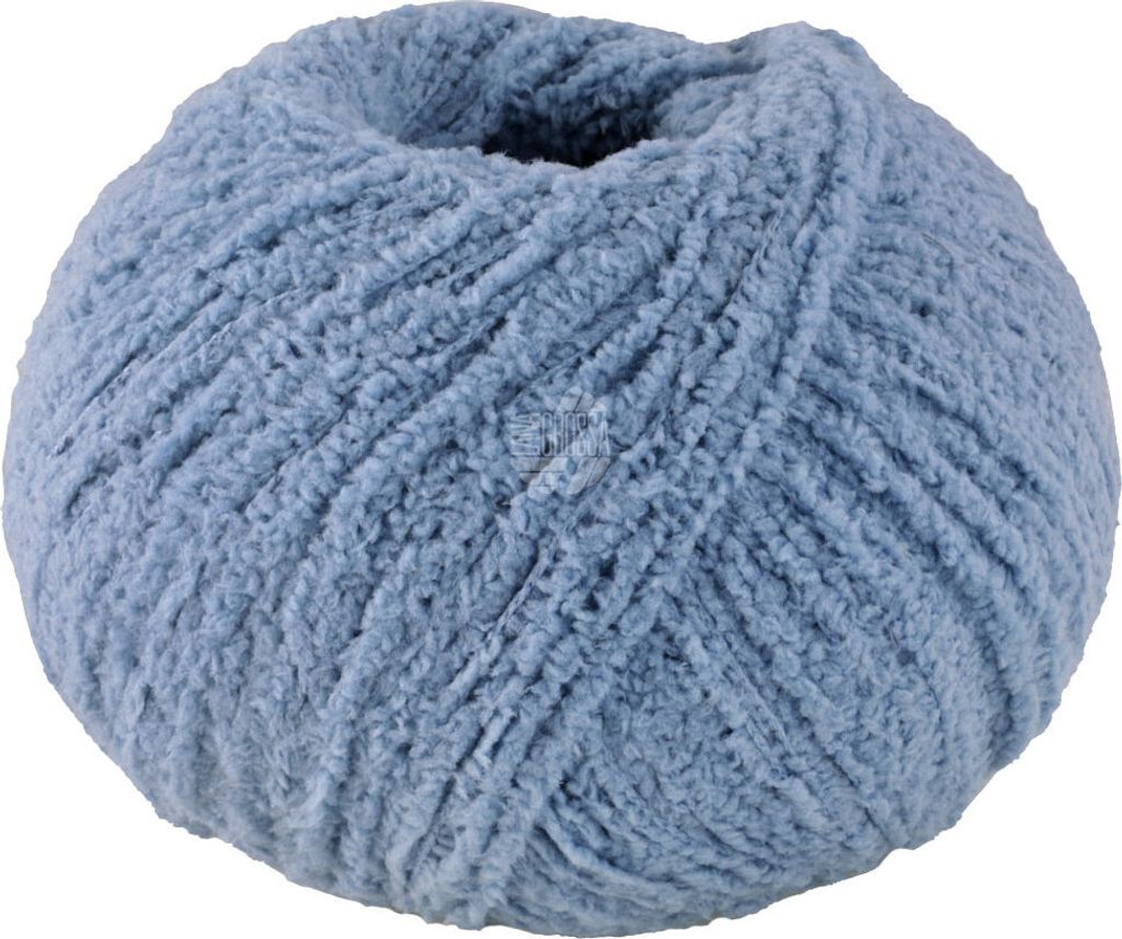 A ball of blue yarn on a white background.