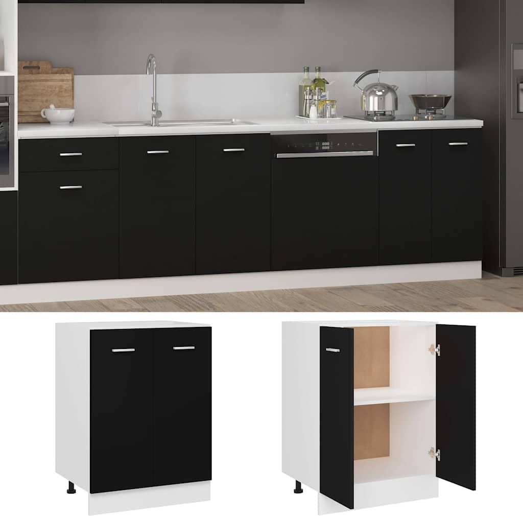 A modern kitchen with black cabinets and a white countertop, featuring a sink and dishwasher. Below are two separate images of a black and white cabinet.
