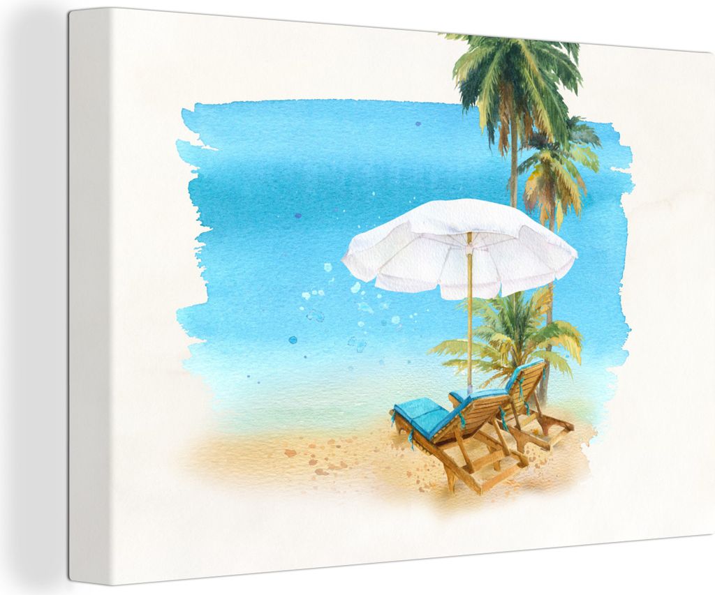 OneMillionCanvasses - Leinwandbilder - 150x100 cm, Strandkorb - Sonnenschirm - Palmen - Wasserfarben, Wandbilder Kunstdruck Wanddekoration