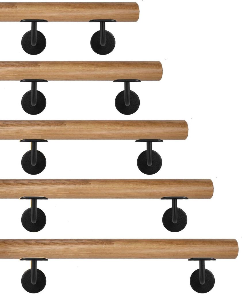 TIBU Eiche keilgezinkt Holz Handlauf Geländer 0,3m - 6m, Länge 130 cm und 2 Edelstahl Halter Schwarz