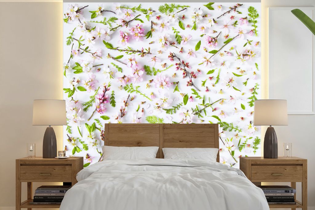 MuchoWow Fototapete für Wohnzimmer oder Schlafzimmer Wandtapete Vinyl Motivtapete Ein weißes und rosa Blumenmuster - 280x280 cm - Hintergrundbild