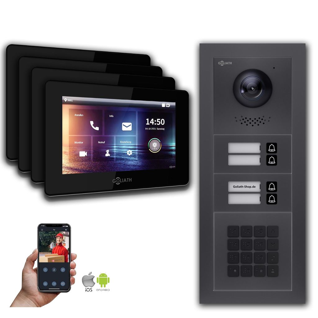Goliath IP Video Türsprechanlage: 7-Zoll 4 Familienhaus, Zahlencode, Anthrazit : Aufputzdose : 7 Zoll in Schwarz Monitor Auswahl: 7 Zoll in Schwar...