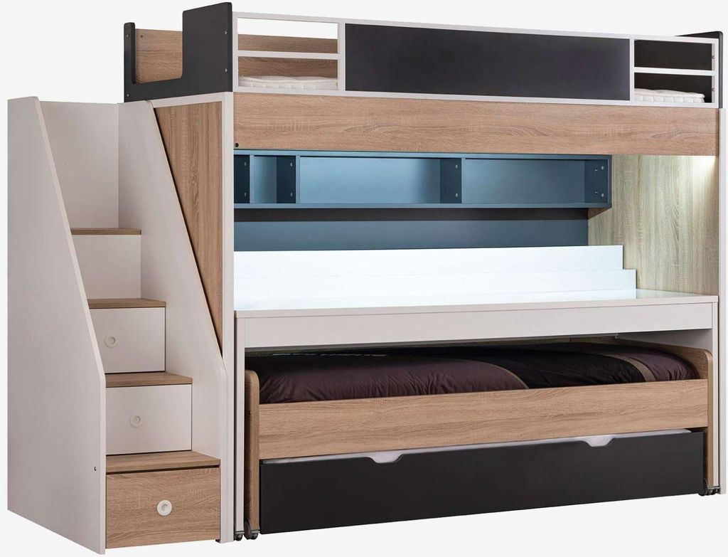 Etagenbett New City 5-Teilig in Holzoptik/Weiß/Schwarz Produktbild 
