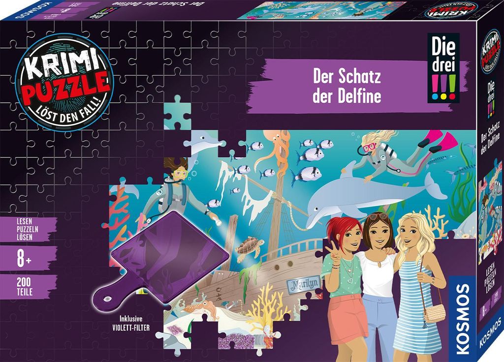 KOSMOS Krimipuzzle Die drei Der Schatz der Delfine, Krimi Puzzle, Rätsel, Spiel, Kinder, ab 8 Jahren, 685287