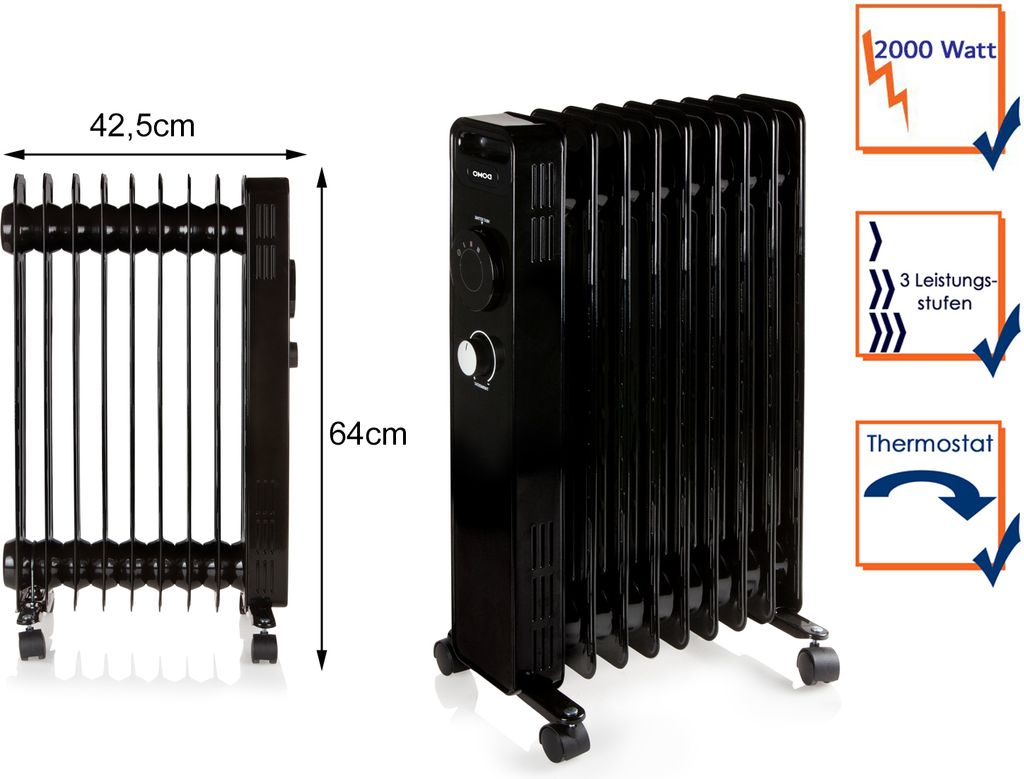 A black oil-filled radiator is shown from the front and side, with text overlays indicating its features.