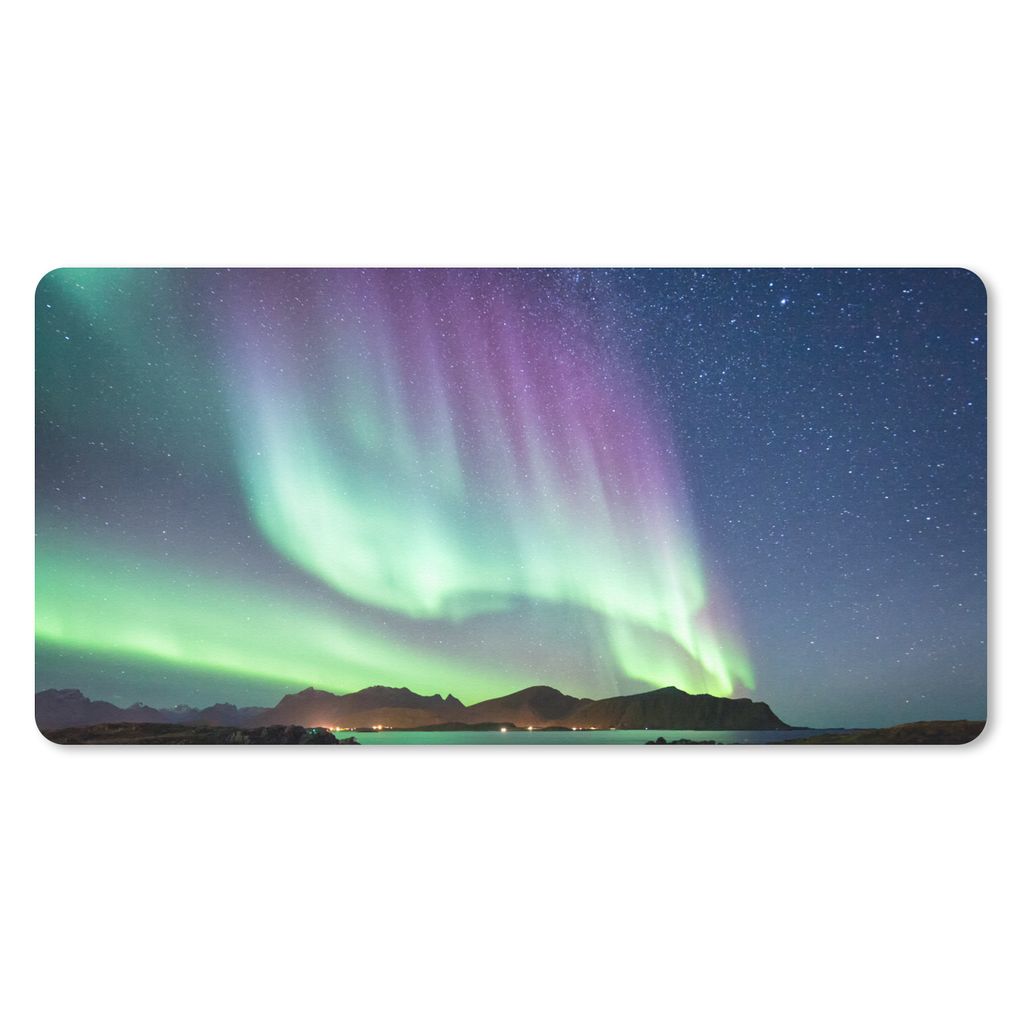 MuchoWow Schreibtischunterlage Nordlicht - Grün - Lila - Sternenhimmel - See - Berg 80x40 cm - XXL Mauspad - Gaming Mauspad