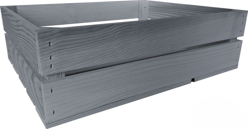 A grey wooden crate is shown against a white background.