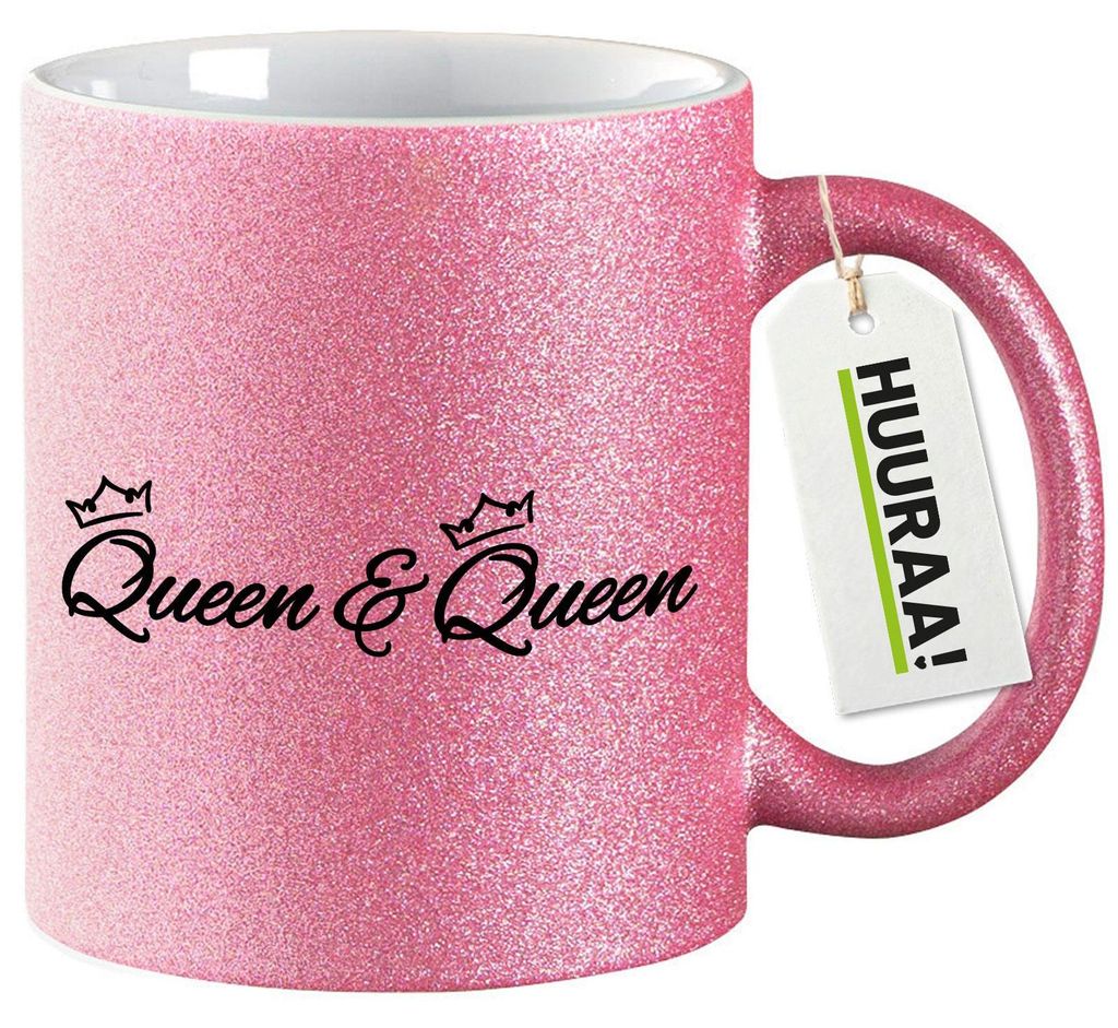 Huuraa Glitzertasse Queen & Queen Krone 330ml Pink Keramik Kaffeebecher Geschenkidee