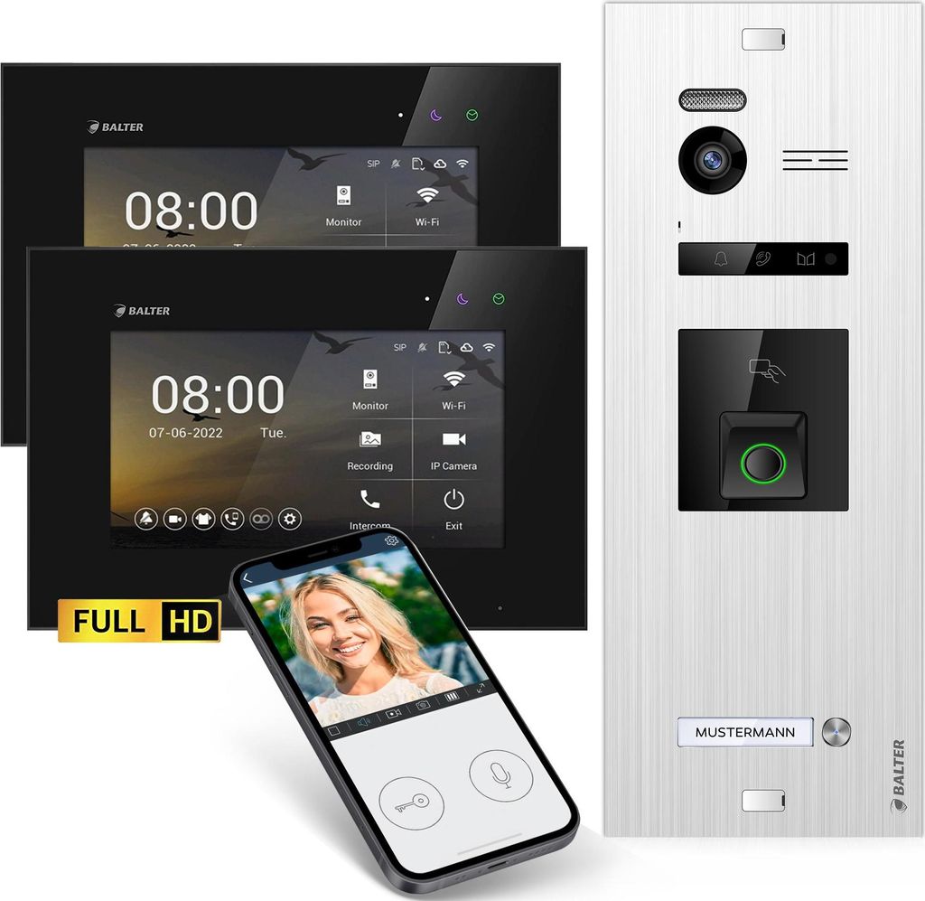 HD Video Türsprechanlage mit Fingerprint RFID und Smartphone App für 1 Familienhaus, 2x Monitore, Balter EVO HD Fingerprint