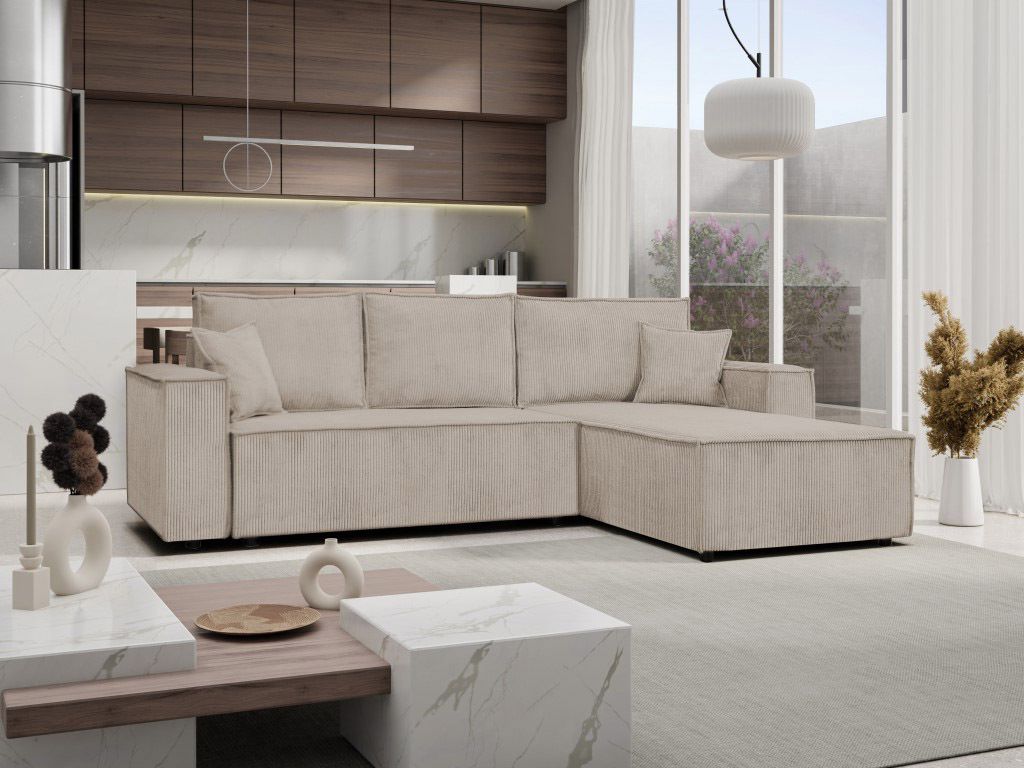 MargaretHadas24 Ecksofa Camel L-Form mit Schlaffunktion Bettkasten Couch Cord Schlafsofa Eckcouch universelle Ottomane 294 cm, Poso 02 - cappuccino