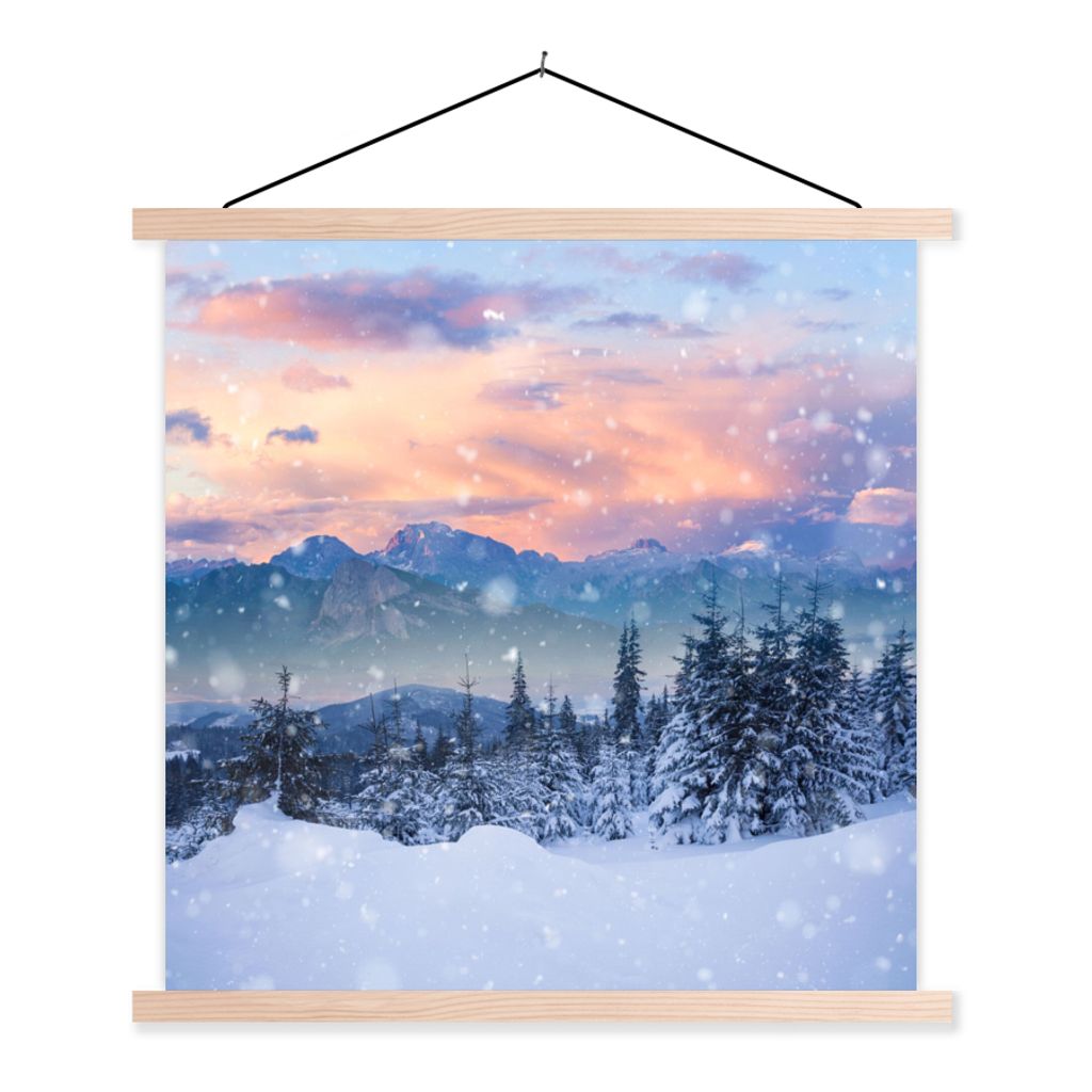 MuchoWow Textilposter Schnee - Himmel - Wald - Winter 40x40 cm mit holzfarbenen Rahmen - Posterleiste