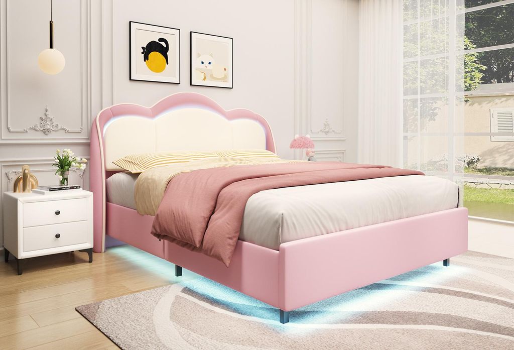 HOMAVO Kinderbett 140×200 cm, Schwebebett, Prinz/Prinzessin Traumbett, Wolkenförmiges Bett, LED-Musiklicht, Stabiles Gestell, Rosa Kinderbett