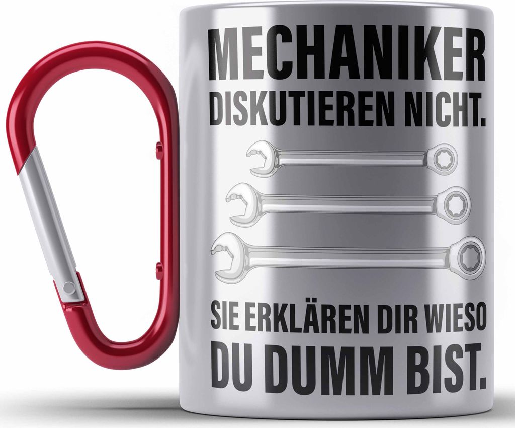 Trendation - KFZ Mechaniker Geschenk Lustig Edelstahl Tasse Karabiner Automechaniker Mechatroniker Werkstatt Edelstahl Tasse Karabiner (Rot)