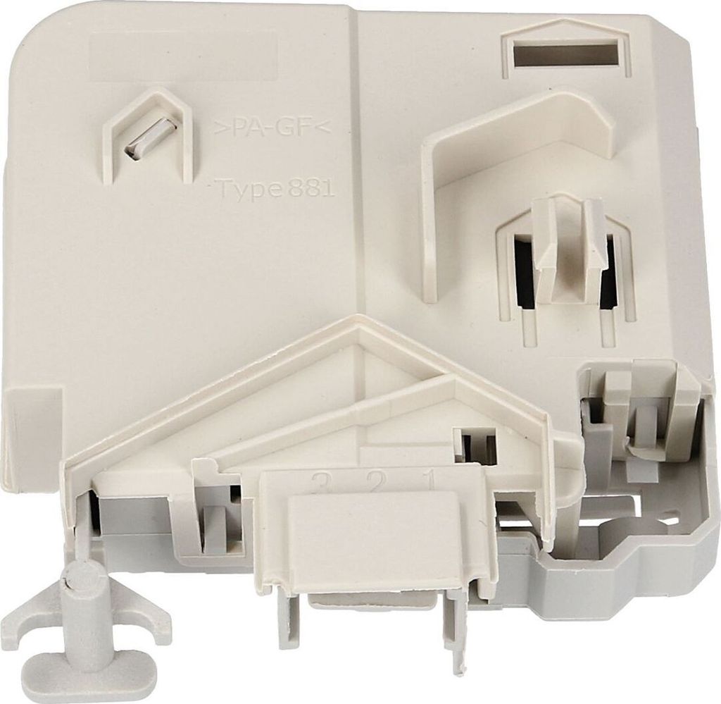 A close-up, top-down view of a washing machine door lock mechanism.