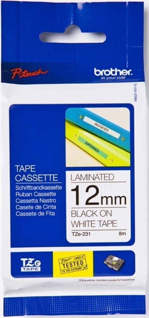 The image shows the packaging of a Brother TZE-231 tape cassette.