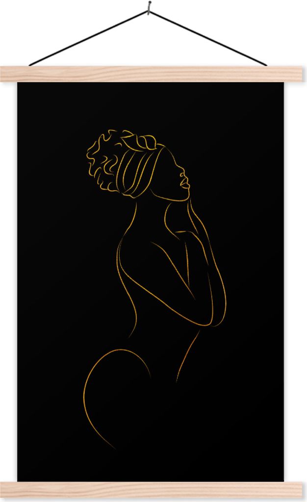 MuchoWow Textilposter Frau - Gold - Schwarz - Strichzeichnung 40x60 cm mit holzfarbenen Rahmen - Poster