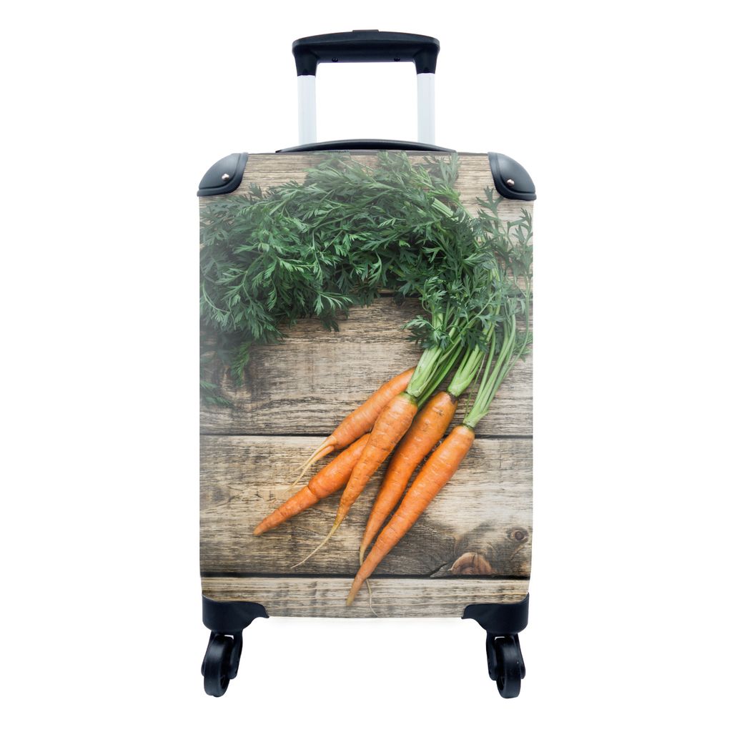 MuchoWow Koffer Handgepäck Trolley Rollkoffer Kleine Reisekoffer mit 4 Rollen - Frische Bio-Karotte auf einem hölzernen Hintergrund - Cabin Siz...