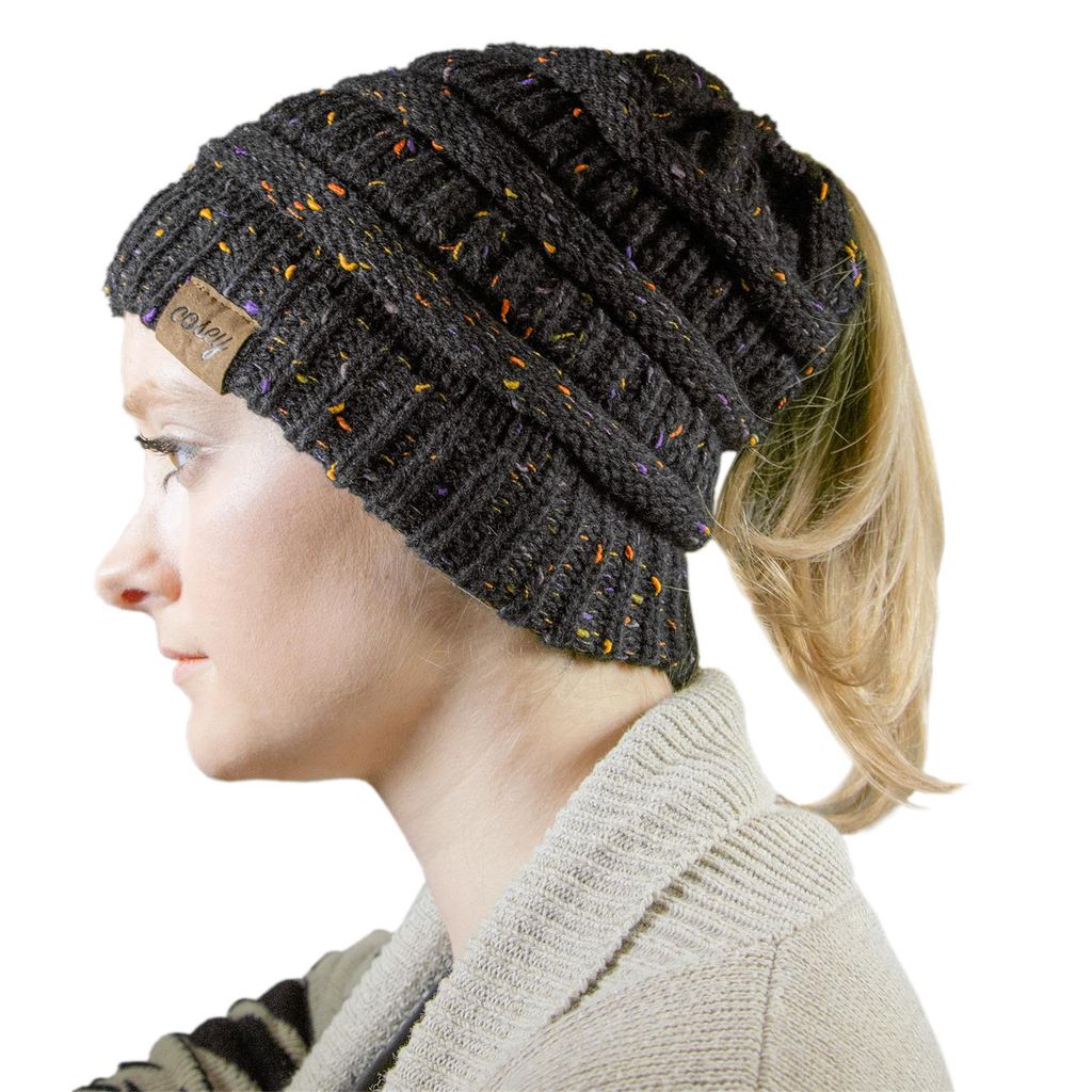 Strick Winter Beanie - Pferdeschwanz Mütze - mit Zopf Loch - Schwarz Gesprenkelt