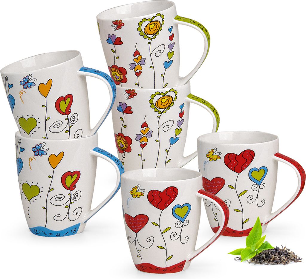 matches21 Tassen Becher Kaffeetassen Kaffeebecher Motiv buntes Herzdekor Blumen blau rot grün Porzellan 3-tlg. Set je 10cm / 300ml