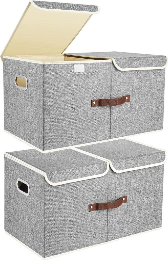 Two stacks of grey fabric storage boxes with beige interiors and brown handles, one stack with the lid open.