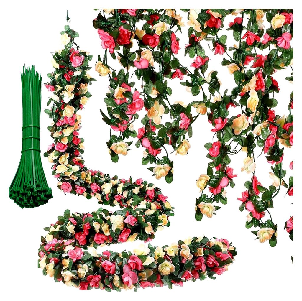Kunstrosen-Girlande 2x2,5m mit 90 Blüten und 20 Zubehörbändern | Deko-Girlande für Innen und Außen für Hochzeiten, Wohnzimmer, Garten | Kunst...