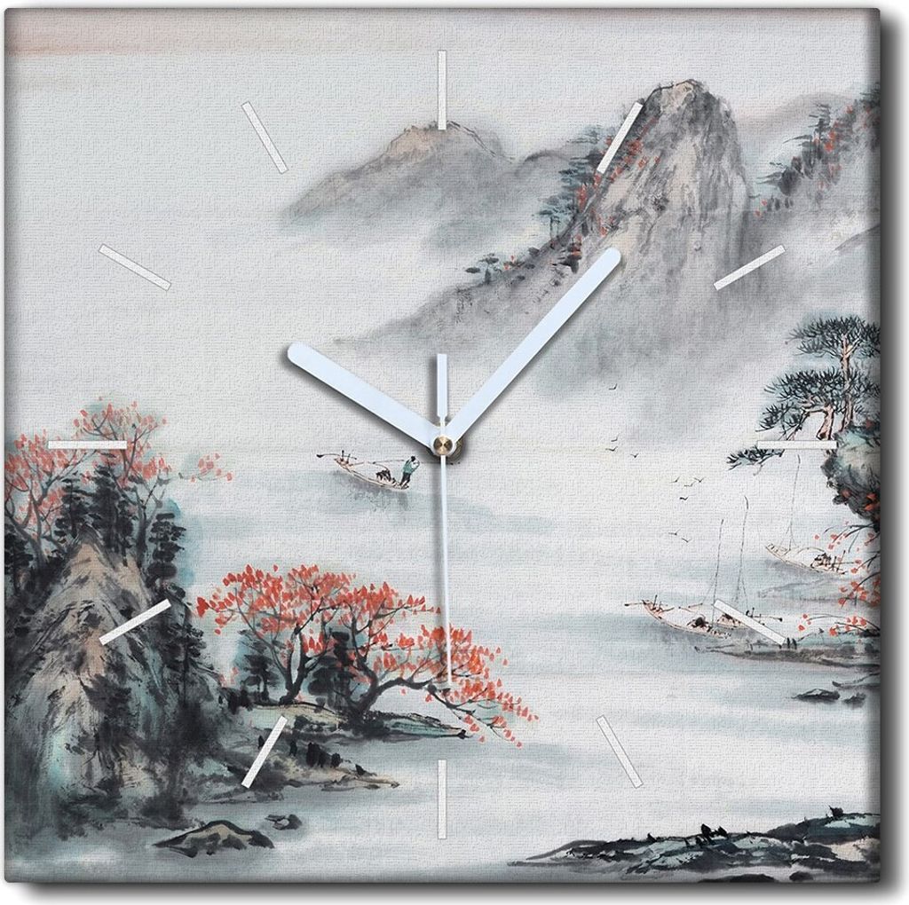 Coloray Uhr auf Leinwand 30x30 cm Wand Uhr Dekoration Wohnzimmer Segeltuch weiße Zeiger -China Berge Bäume