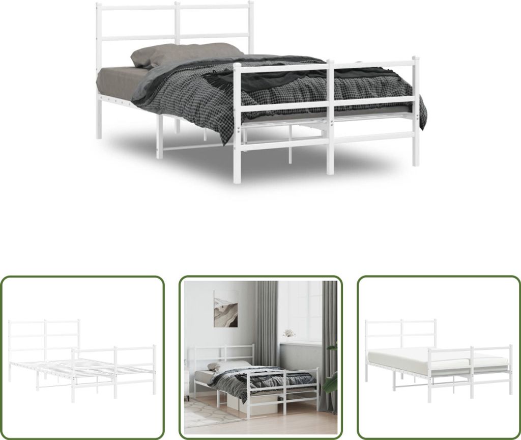 The Living Store Bettgestell mit Kopf- und Fußteil Metall Weiß 120x190 cm