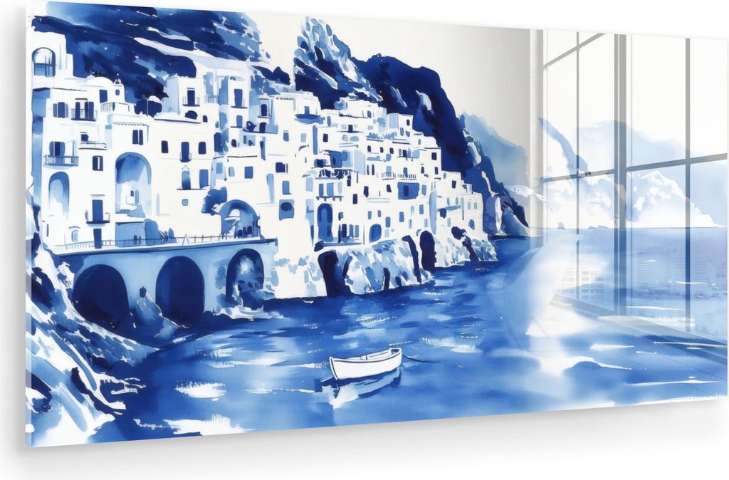 MuchoWow Glasbilder - Bilder auf Wandbild - Foto auf Glas Dorf - Felswand - Ruderboot - Wasser 120x60 cm Wanddekoration aus Glas - Acrylglasbild - ...