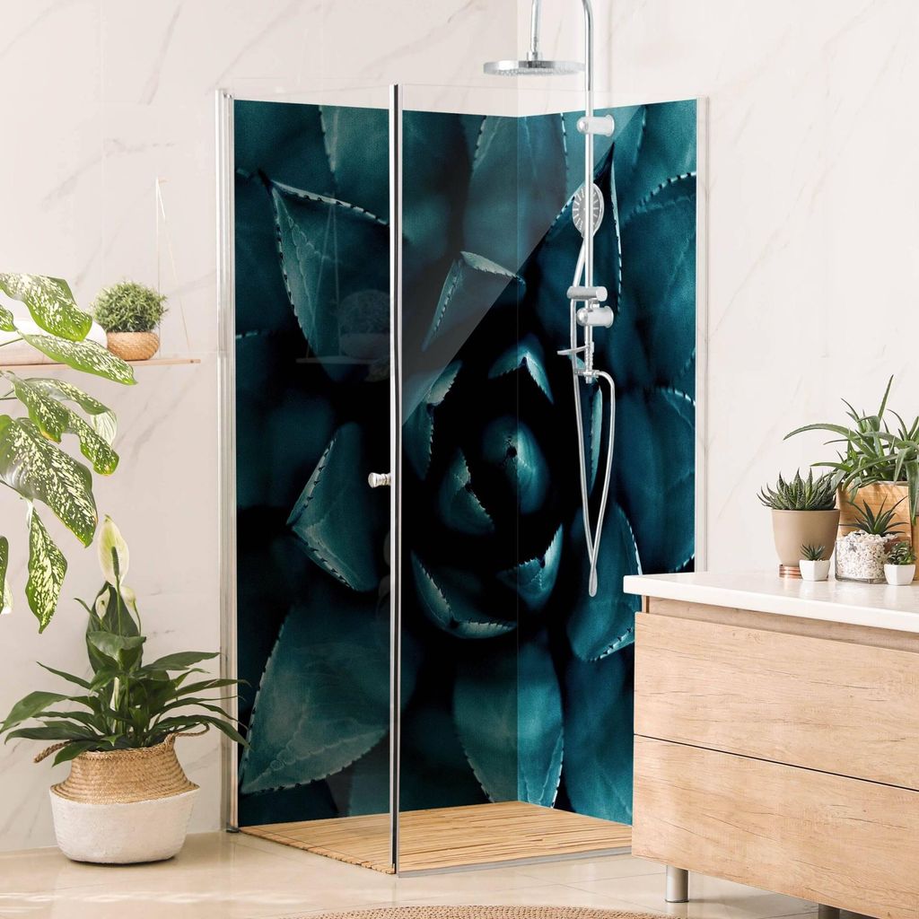 Duschrückwand mit Motiv selbstklebend - 0.35 mm Wandpaneel wasserfest Design petrol Tropisch Badrückwand fugenlos Smart matt 110x200 cm
